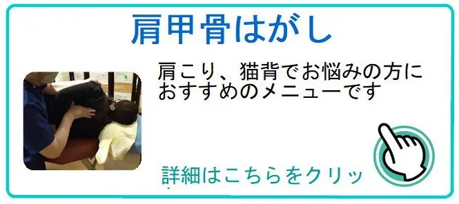 肩甲骨はがし　肩こり、猫背でお悩みの方におすすめのメニューです。